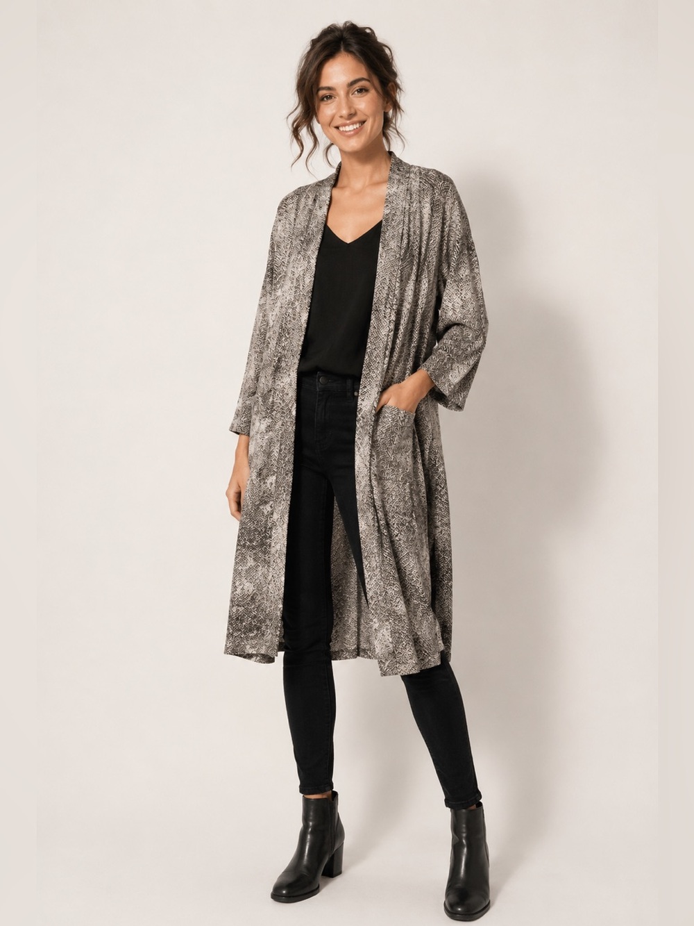 BB Dakota Openā Front Long Cardigan Duster Coatigan Gray Black Textured Knit